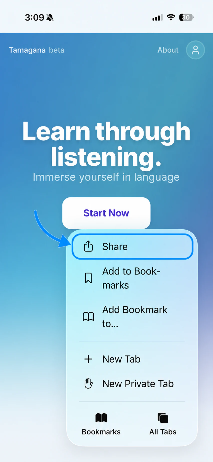 The iPhone browser menu with Share highlighted in blue