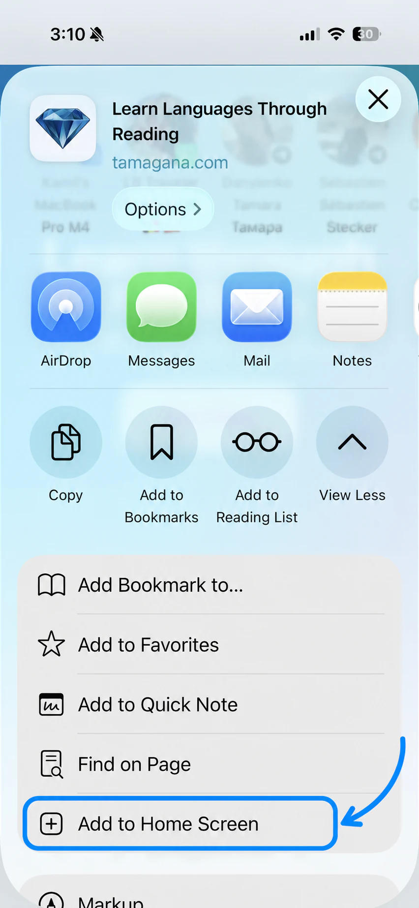 The iPhone share sheet with Add to Home Screen highlighted in blue