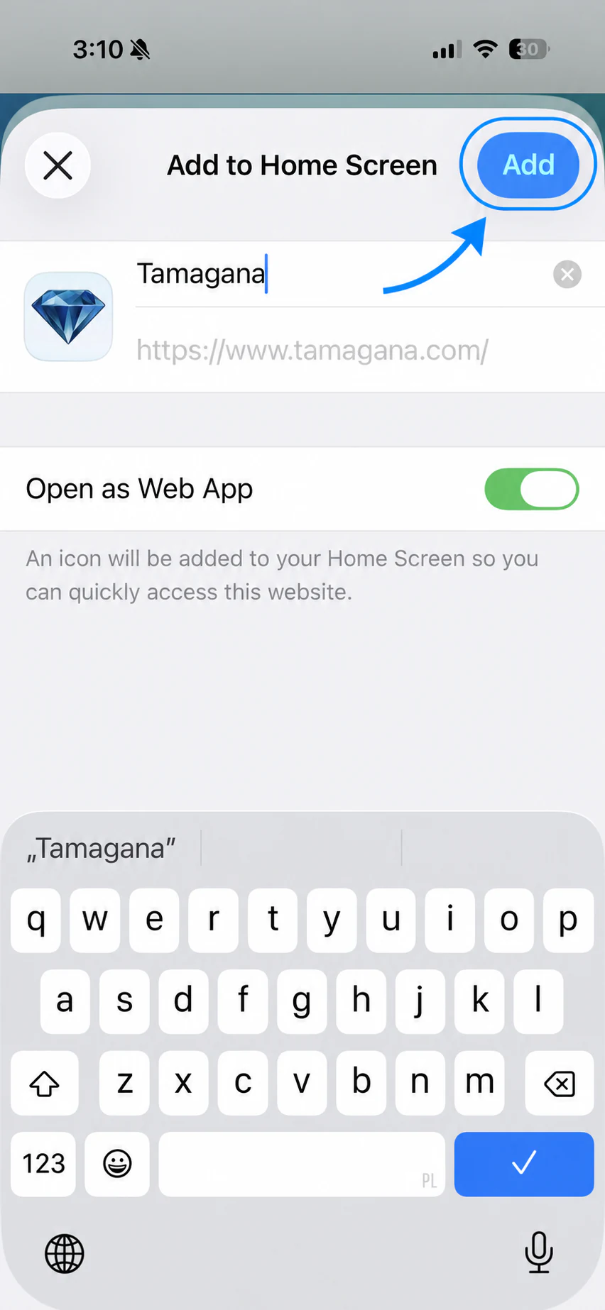 The iPhone Add to Home Screen screen with the Add button highlighted in blue
