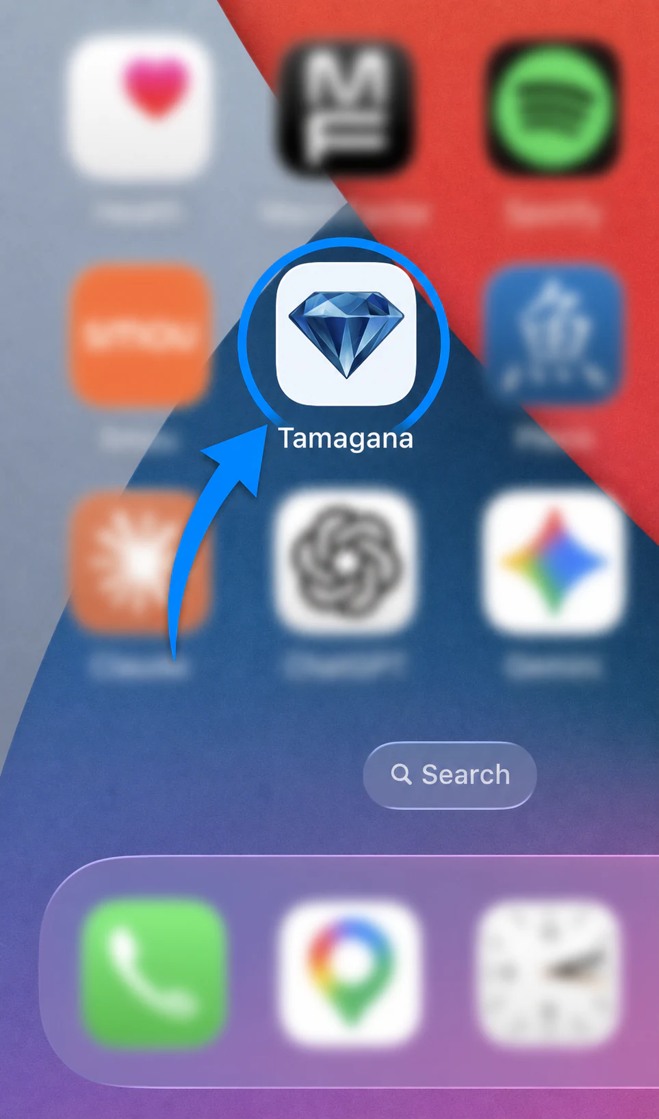 The Tamagana icon highlighted on an iPhone home screen with other app icons blurred