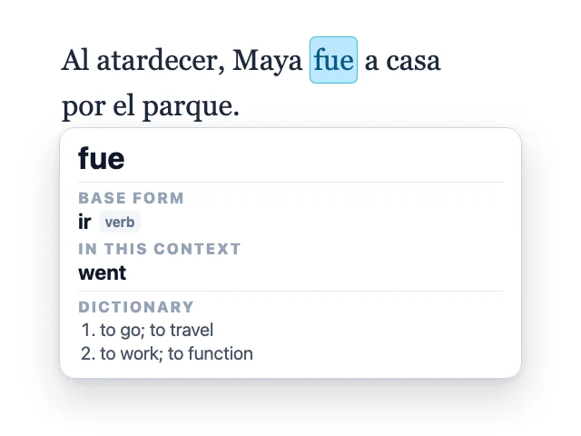 Animation clicking the Spanish word fue and revealing its base form, ir, contextual meaning, and dictionary definitions.