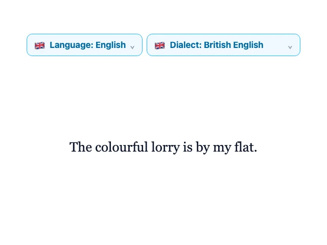Animation showing English with American English selected, then switching to British English as the sentence changes from American to British wording.